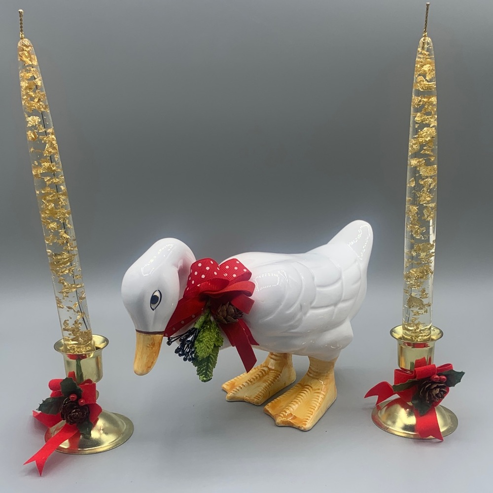 Festive White Ceramic Goose Figurine Pair Gold Candle Holders Pine Cone Accents